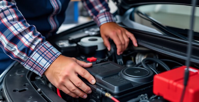 A mechanic replacing the electric car battery pack