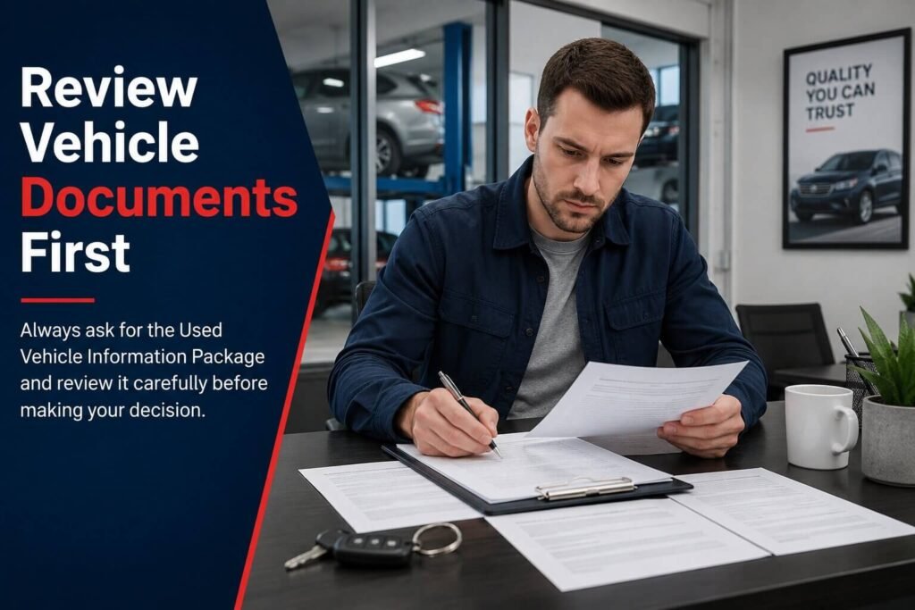 Buyer reviewing used vehicle documents before purchasing a car in Ontario.