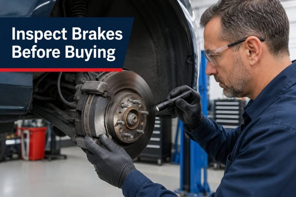 Auto technician inspecting brakes on a used car before purchase.