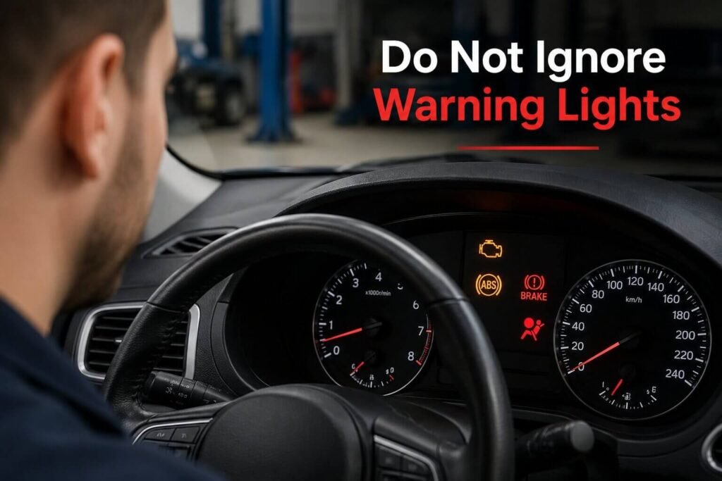 Used car dashboard showing warning lights before a vehicle inspection.