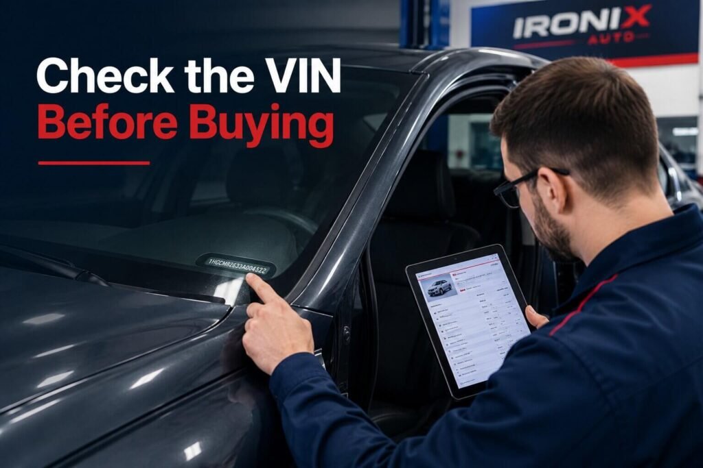 Person checking the VIN number on a used car before purchase.