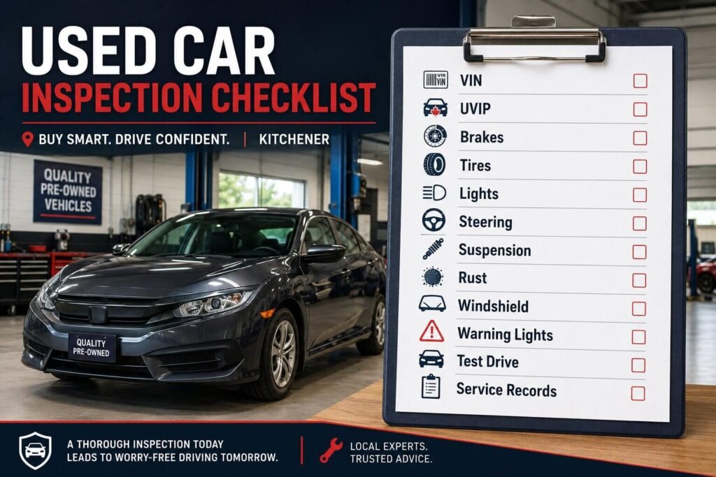 Used car inspection checklist showing VIN, brakes, tires, lights, rust and test drive checks.