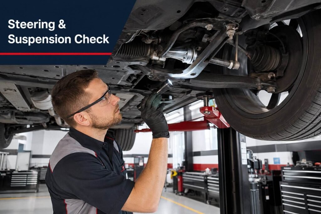 Mechanic inspecting steering and suspension components under a used car.