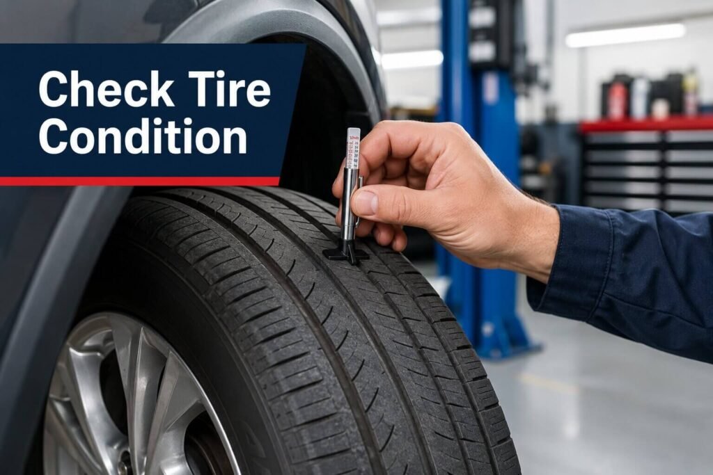 Mechanic checking tire tread depth during a used car safety inspection.