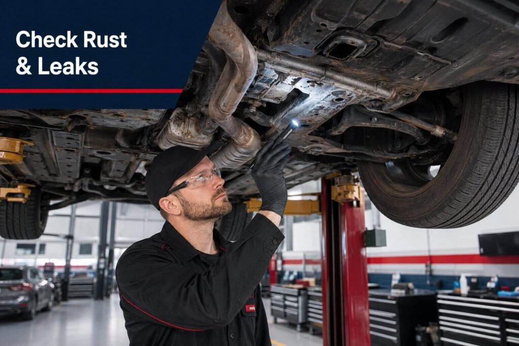 Mechanic checking the underbody of a used car for rust and leaks.