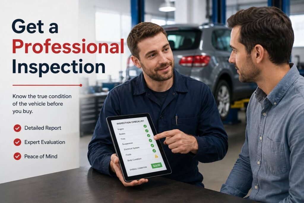 Mechanic explaining a used car inspection report to a customer.