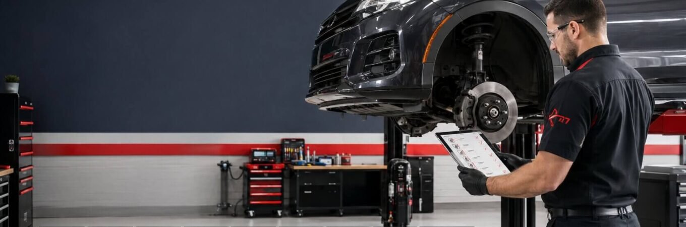 Mechanic inspecting a vehicle on a lift during an Ontario safety inspection.