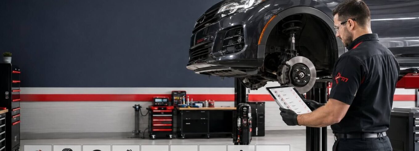 Mechanic inspecting a vehicle on a lift during an Ontario safety inspection.