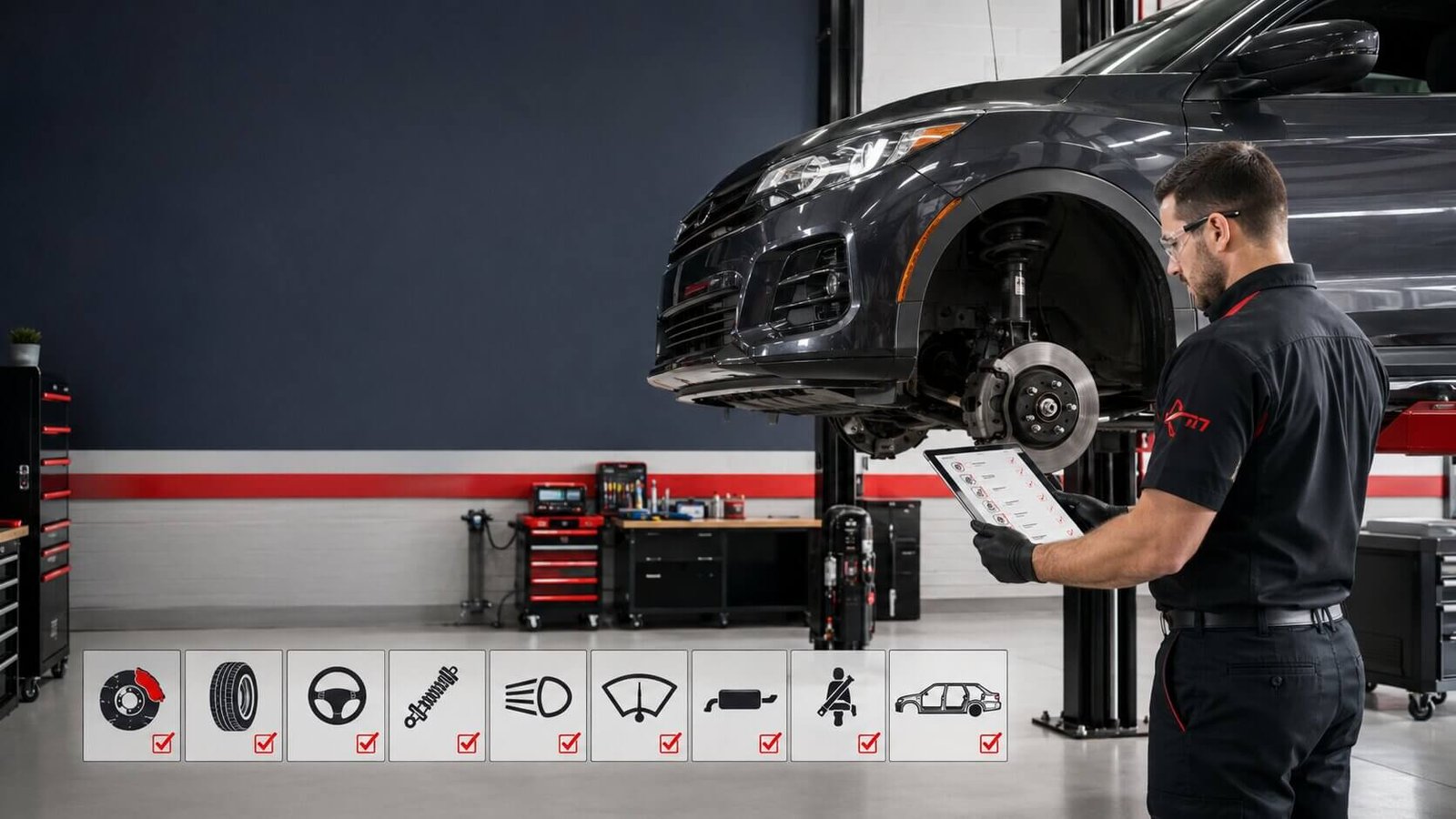 Mechanic inspecting a vehicle on a lift during an Ontario safety inspection.