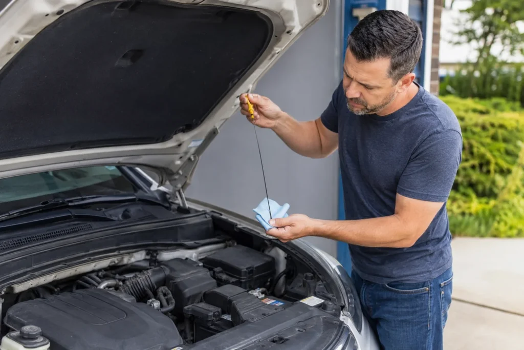 Checking engine oil with dipstick