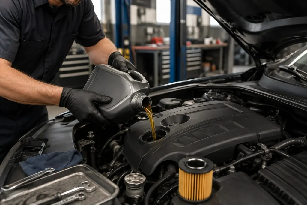 Mechanic changing engine oil