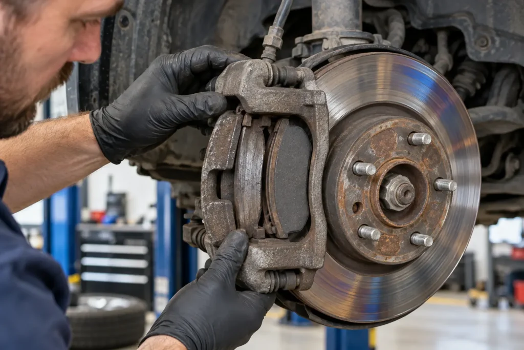 Mechanic Inspecting Worn Brake Assembly