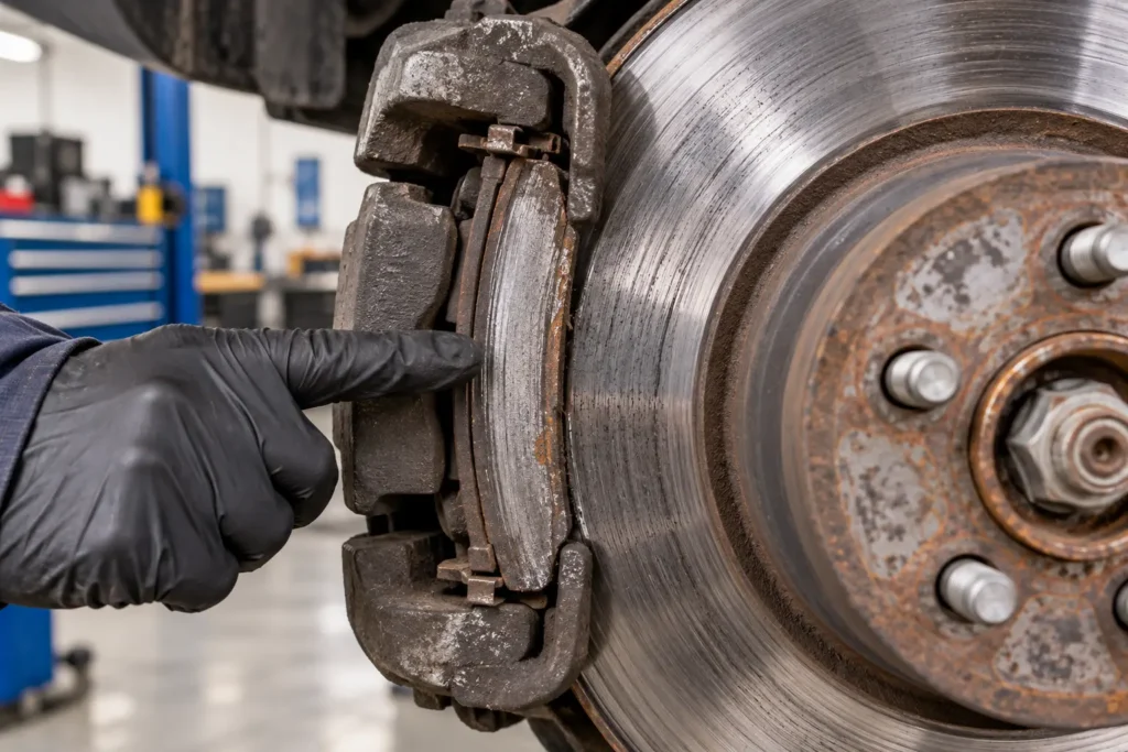 Worn Brake Pad and Scored Rotor
